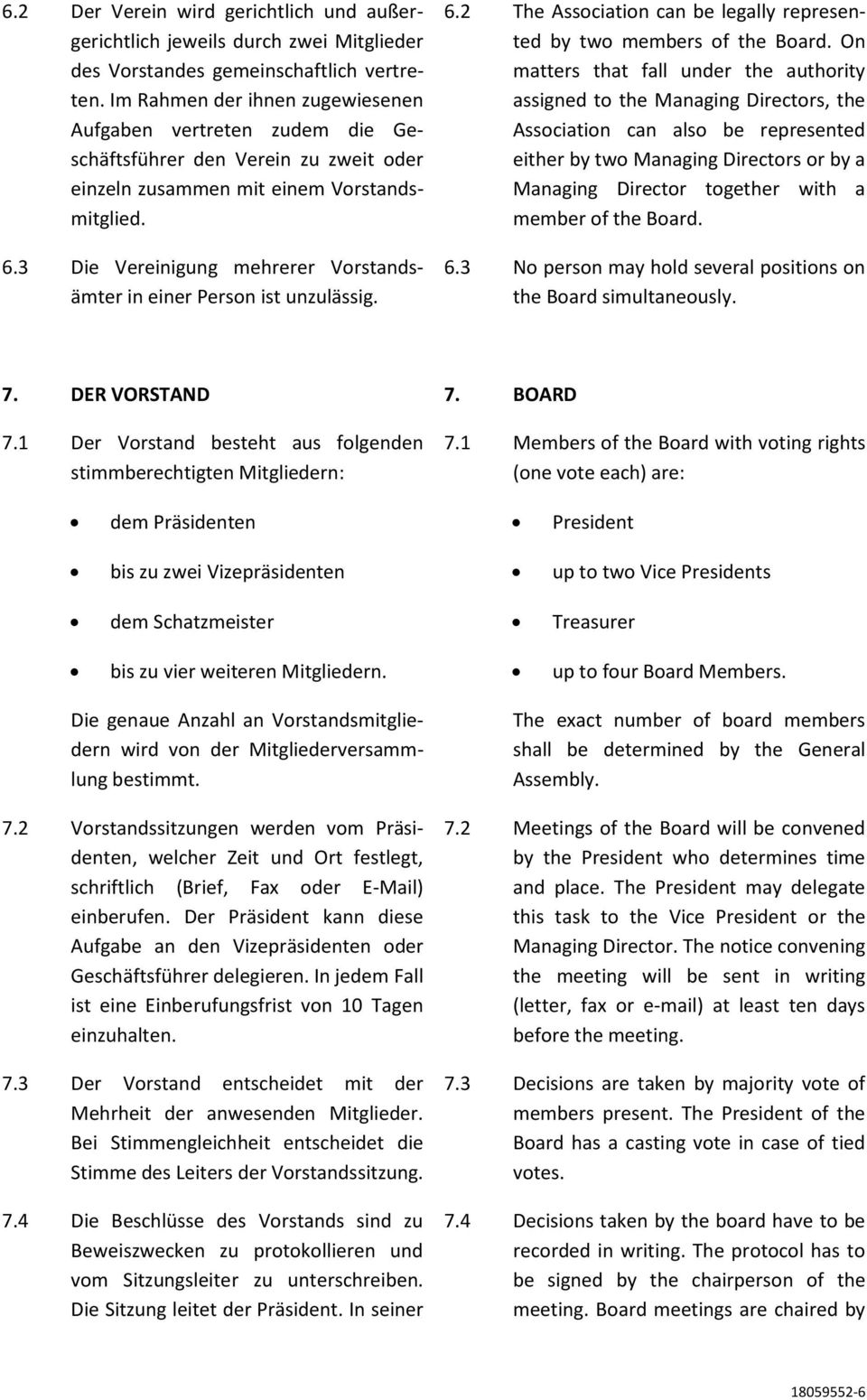 3 Die Vereinigung mehrerer Vorstandsämter in einer Person ist unzulässig. 6.2 The Association can be legally represented by two members of the Board.