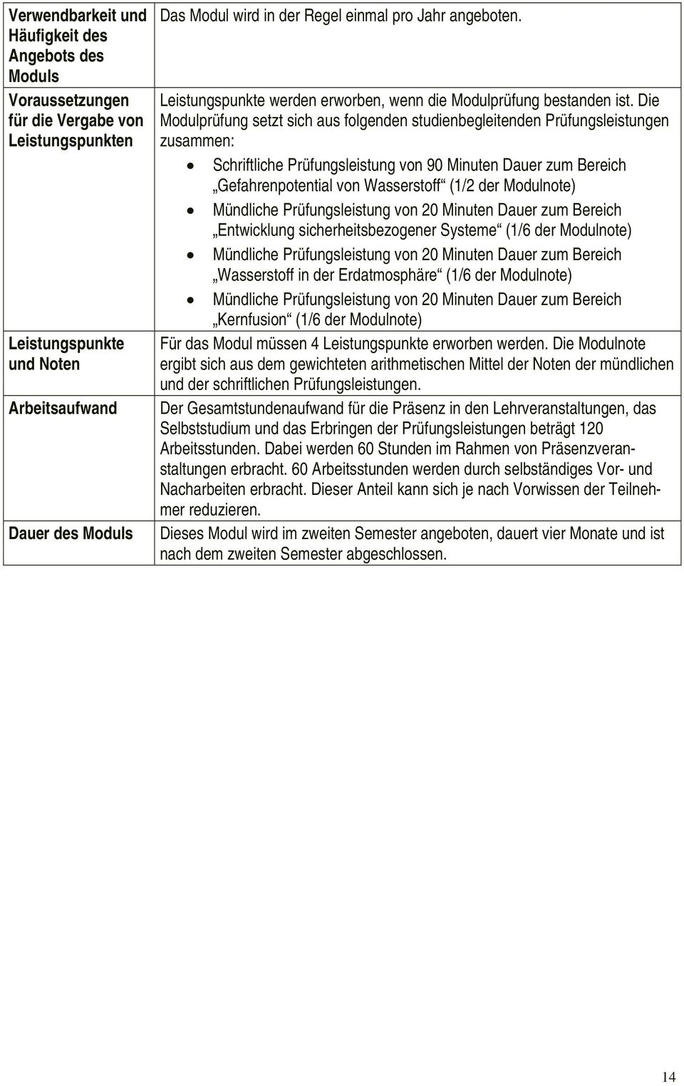 Die Modulprüfung setzt sich aus folgenden studienbegleitenden Prüfungsleistungen zusammen: Gefahrenpotential von Wasserstoff (1/2 der Modulnote) Mündliche Prüfungsleistung von 20 Minuten Dauer zum