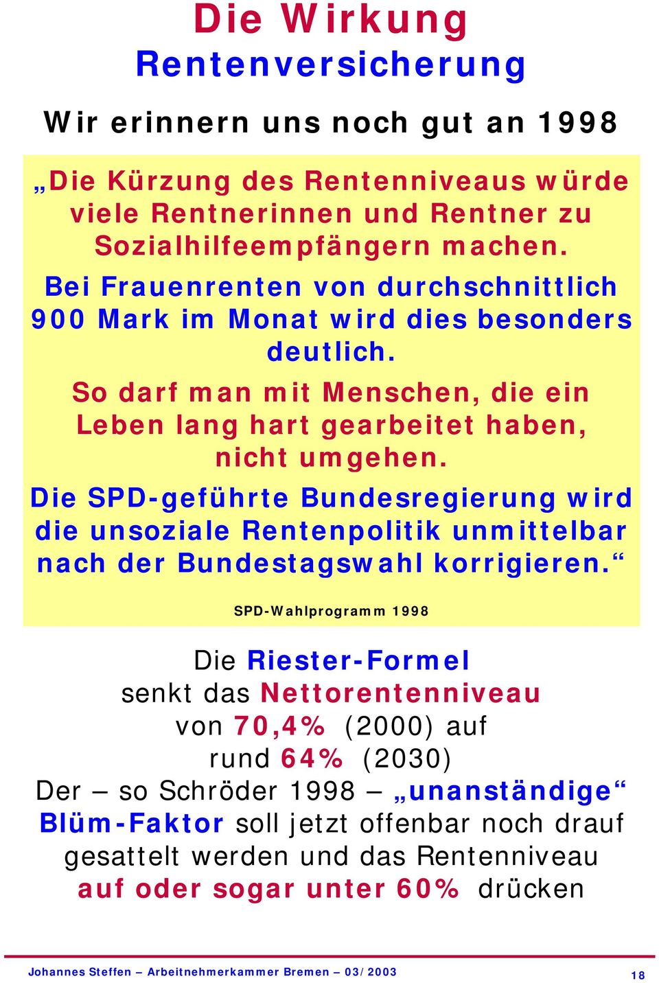Die SPD-geführte Bundesregierung wird die unsoziale Rentenpolitik unmittelbar nach der Bundestagswahl korrigieren.