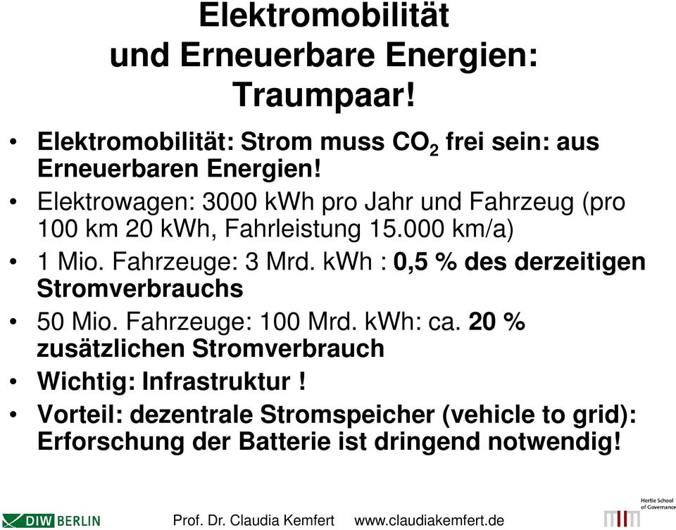 Elektrowagen: 3000 kwh pro Jahr und Fahrzeug (pro 100 km 20 kwh, Fahrleistung 15.000 km/a) 1 Mio. Fahrzeuge: 3 Mrd.