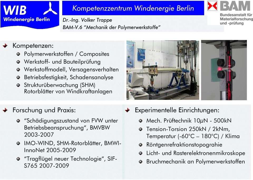 Schadensanalyse Strukturüberwachung (SHM) Rotorblätter von Windkraftanlagen Forschung und Praxis: Schädigungszustand von FVW unter Betriebsbeanspruchung, BMVBW 2003-2007