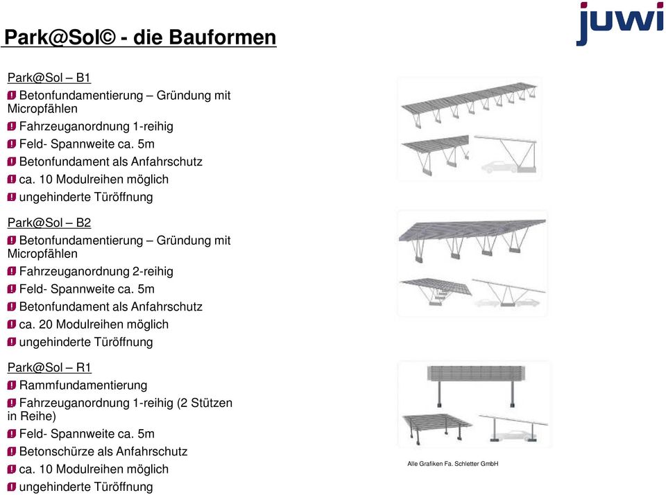 10 Modulreihen möglich ungehinderte Türöffnung Park@Sol B2 Betonfundamentierung Gründung mit Micropfählen Fahrzeuganordnung 2-reihig Feld- Spannweite ca.