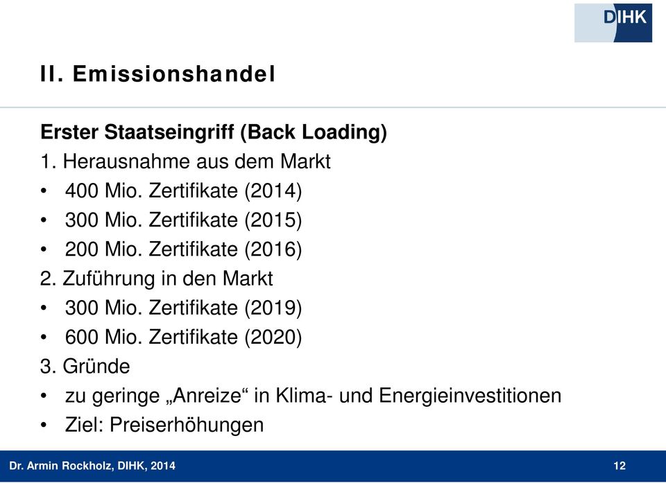 Zertifikate (2016) 2. Zuführung in den Markt 300 Mio. Zertifikate (2019) 600 Mio.