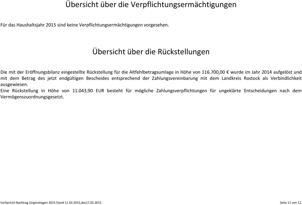 700,00 wurde im Jahr 2014 aufgelöst und mit dem Betrag des jetzt endgültigen Bescheides entsprechend der Zahlungsvereinbarung mit dem Landkreis Rostock als Verbindlichkeit