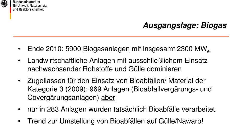 Bioabfällen/ Material der Kategorie 3 (2009): 969 Anlagen (Bioabfallvergärungs- und Covergärungsanlagen) aber