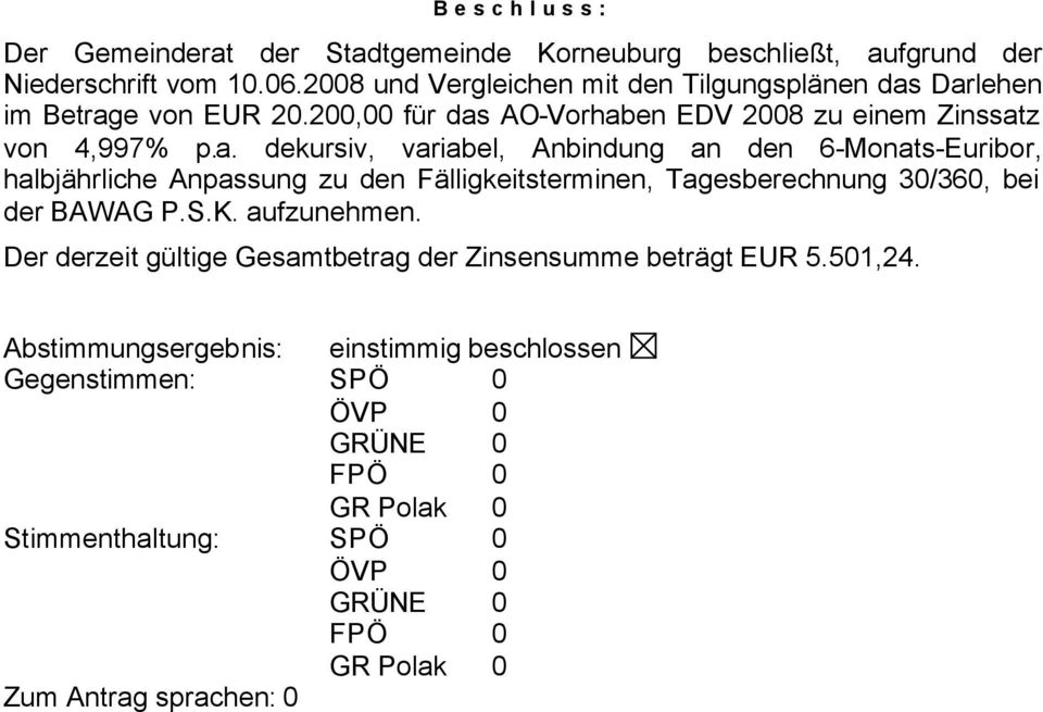 Darlehen im Betrage von EUR 20.200,00 für das AO-Vorhaben EDV 2008 zu einem Zinssatz von 4,997% p.a. dekursiv, variabel, Anbindung an den