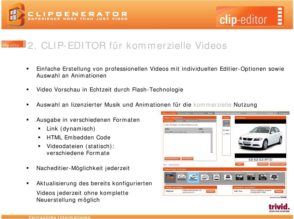 kommerzielle Nutzung Ausgabe in verschiedenen Formaten Link (dynamisch) HTML Embedden Code Videodateien (statisch): verschiedene