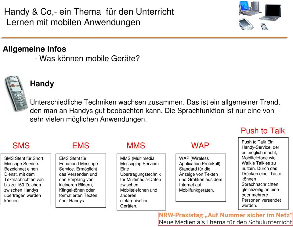 Push to Talk SMS EMS MMS WAP SMS Steht für Short Message Service. Bezeichnet einen Dienst, mit dem Textnachrichten von bis zu 160 Zeichen zwischen Handys übertragen werden können.