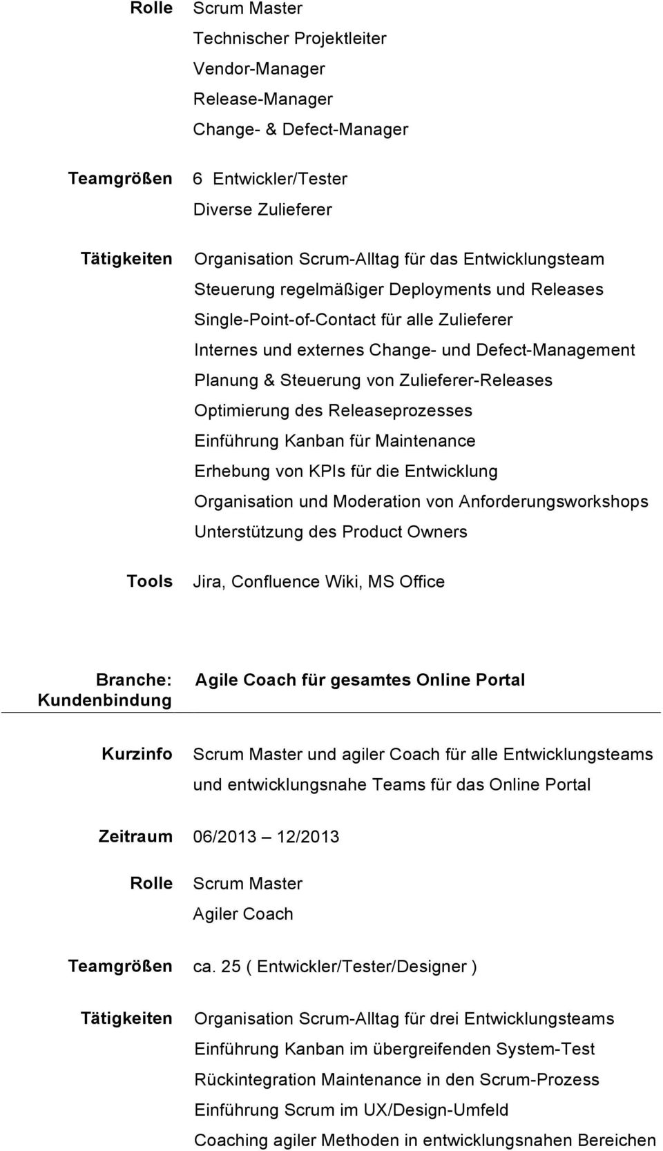 des Releaseprozesses Einführung Kanban für Maintenance Erhebung von KPIs für die Entwicklung Organisation und Moderation von Anforderungsworkshops Unterstützung des Product Owners Jira, Confluence