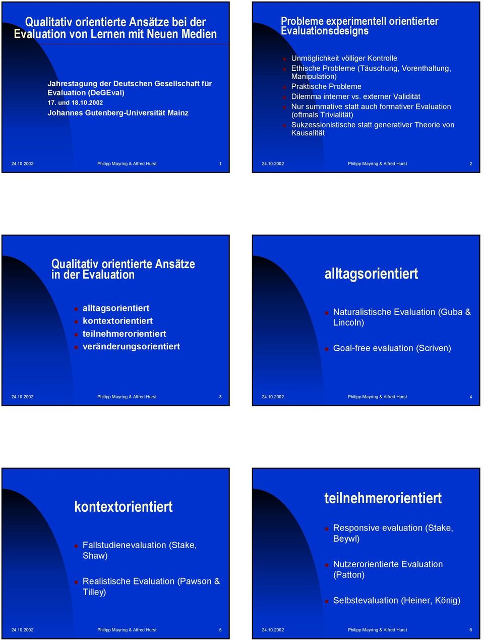 Probleme Dilemma interner vs. externer Validität Nur summative statt auch formativer Evaluation (oftmals Trivialität) Sukzessionistische statt generativer Theorie von Kausalität.0.