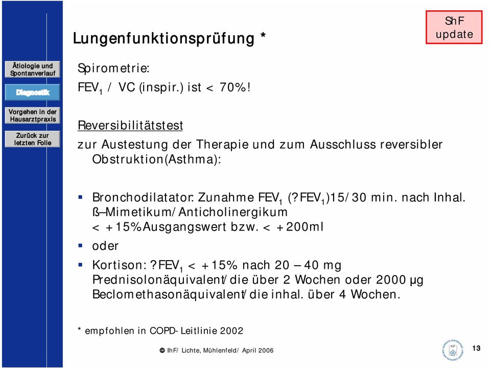 Zunahme FEV 1 (?FEV 1 )15/30 min. nach Inhal. ß Mimetikum/Anticholinergikum < +15% Ausgangswert bzw.