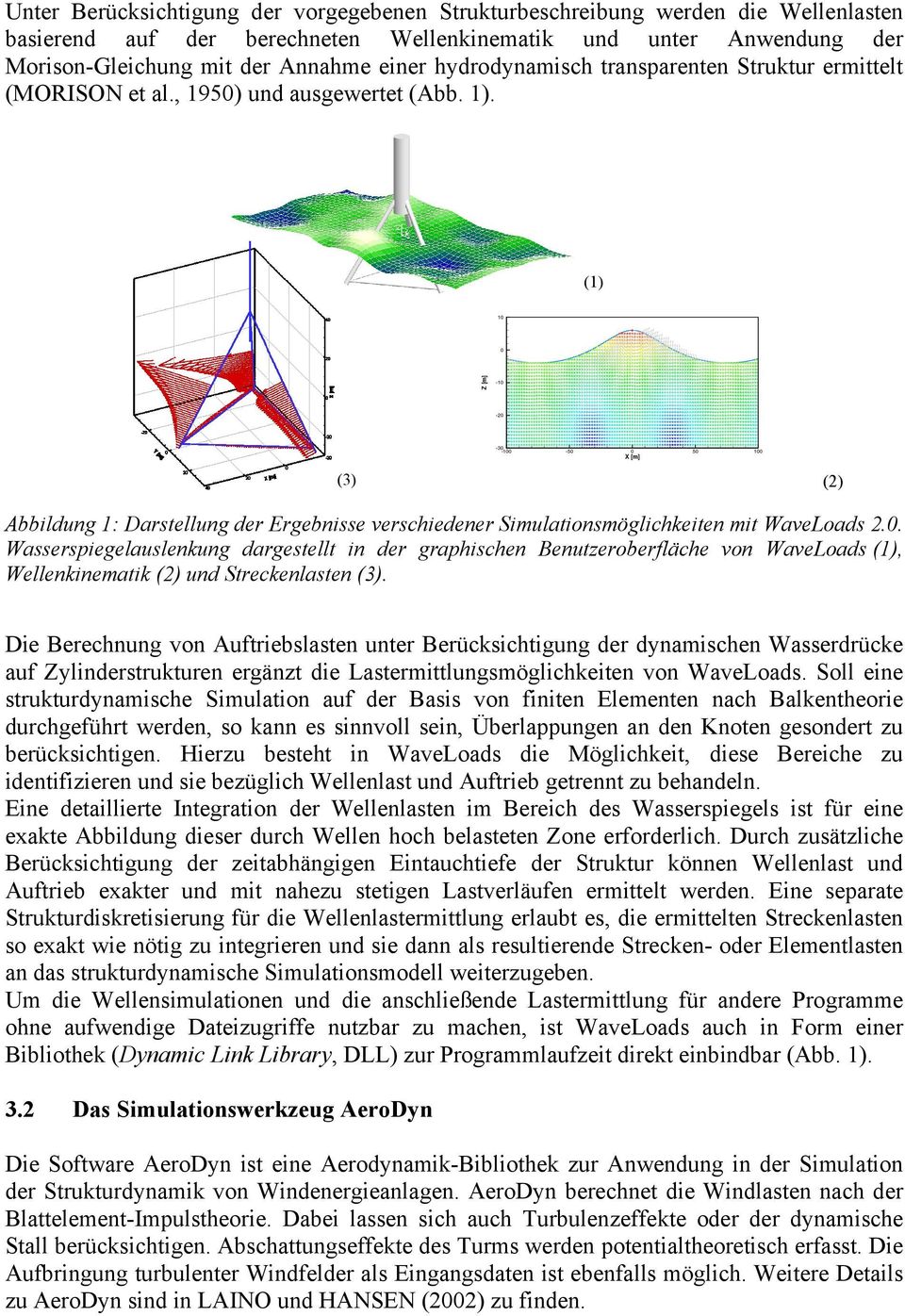 (1) 10 0 Z[m] -10-20 (3) -30-100 -50 0 50 100 X[m] (2) Abbildung 1: Darstellung der Ergebnisse verschiedener Simulationsmöglichkeiten mit WaveLoads 2.0. Wasserspiegelauslenkung dargestellt in der graphischen Benutzeroberfläche von WaveLoads (1), Wellenkinematik (2) und Streckenlasten (3).