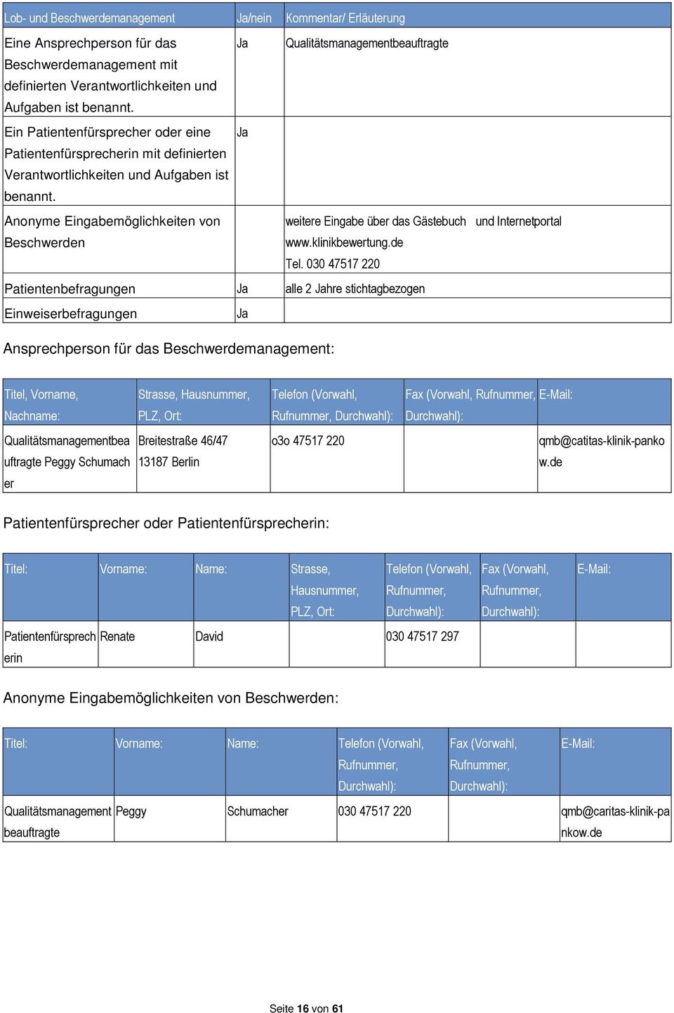 Anonyme Eingabemöglichkeiten von Beschwerden weitere Eingabe über das Gästebuch und Internetportal www.klinikbewertung.de Tel.