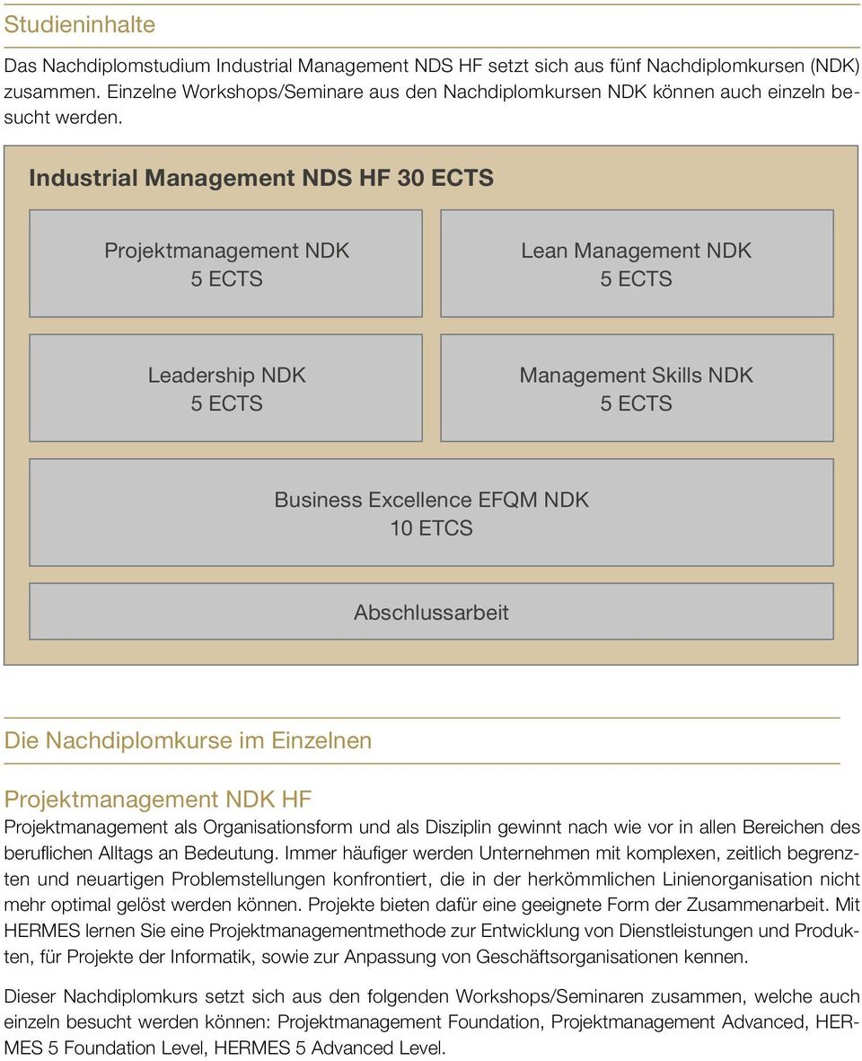 Industrial Management NDS HF 30 ECTS Projektmanagement NDK Lean Management NDK Leadership NDK Management Skills NDK Business Excellence EFQM NDK 10 ETCS Abschlussarbeit Die Nachdiplomkurse im