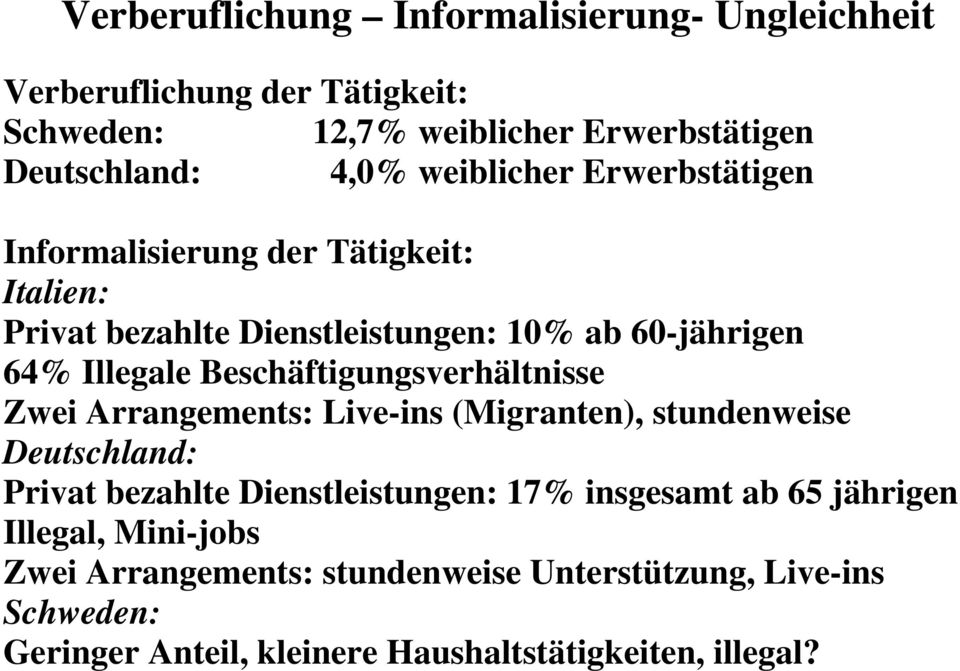 Beschäftigungsverhältnisse Zwei Arrangements: Live-ins (Migranten), stundenweise Deutschland: Privat bezahlte Dienstleistungen: 17% insgesamt