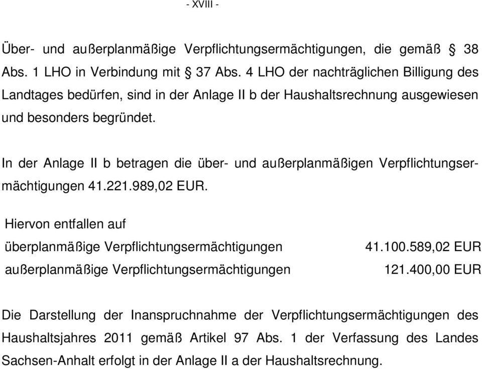 In der Anlage II b betragen die über- und außerplanmäßigen Verpflichtungsermächtigungen 41.221.989,02 EUR.