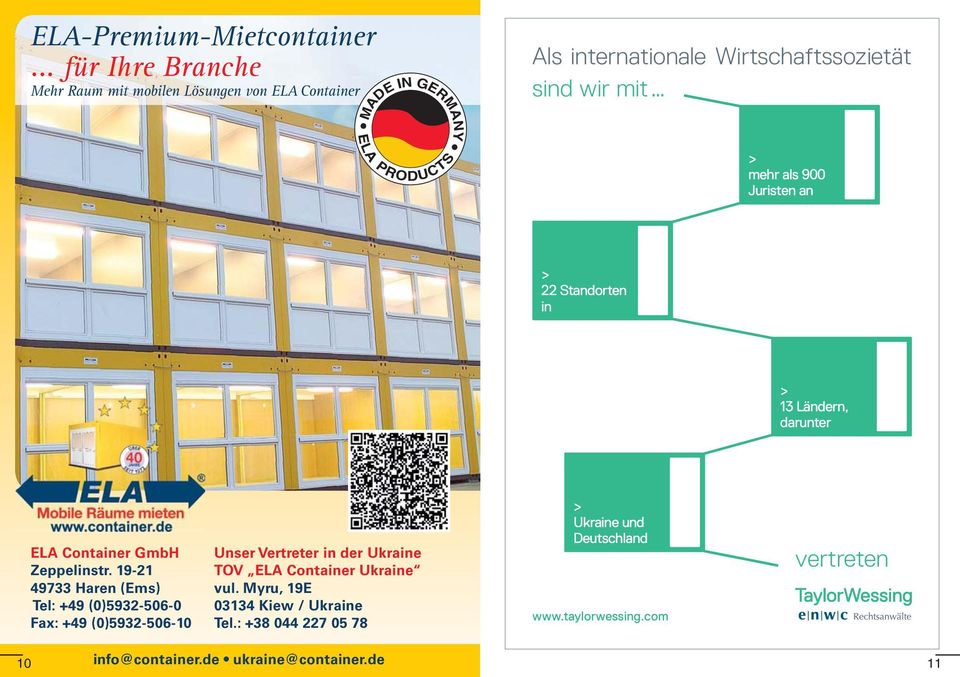 als 900 Juristen an > 22 Standorten in > 13 Ländern, darunter ELA Container GmbH Zeppelinstr.