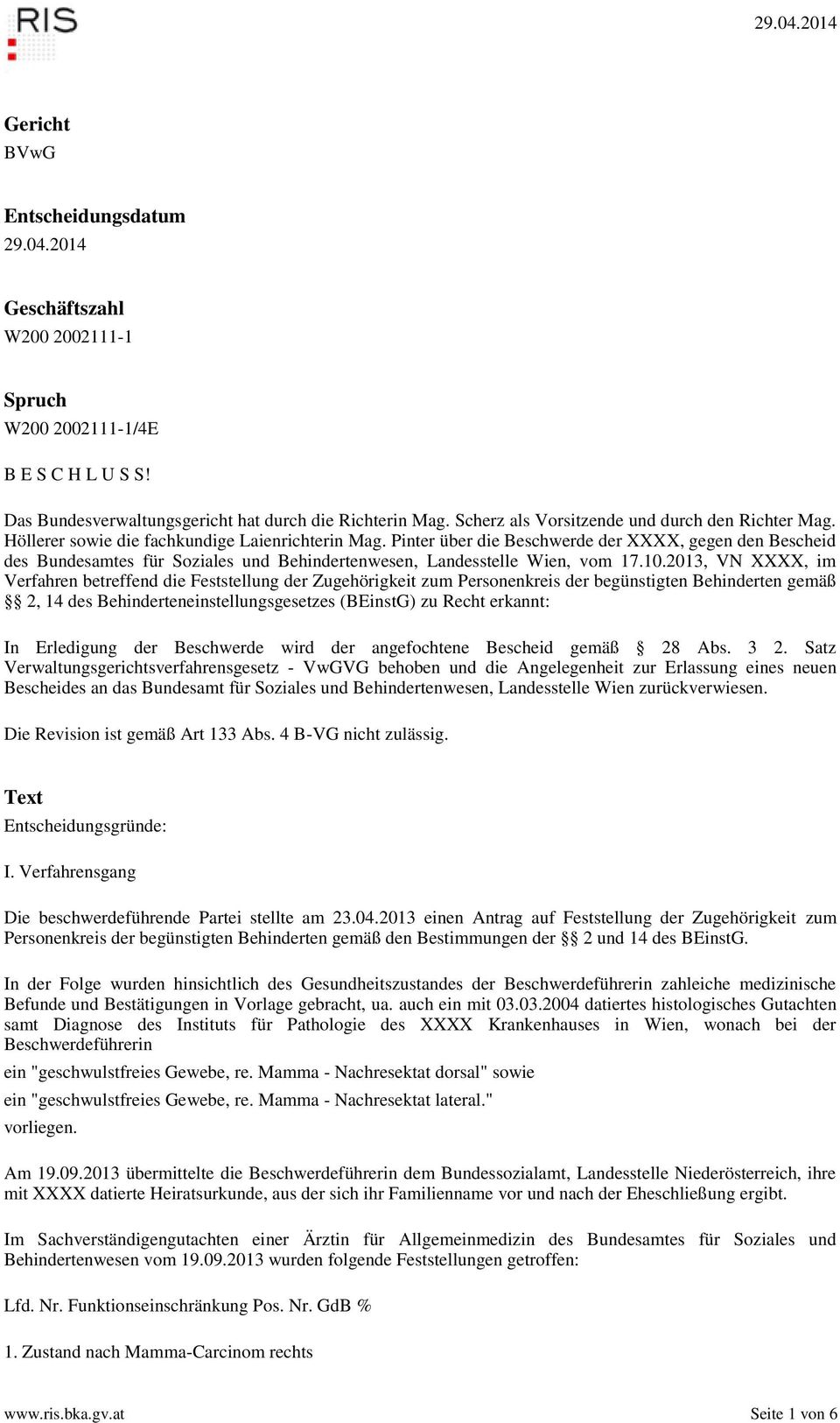 Pinter über die Beschwerde der XXXX, gegen den Bescheid des Bundesamtes für Soziales und Behindertenwesen, Landesstelle Wien, vom 17.10.