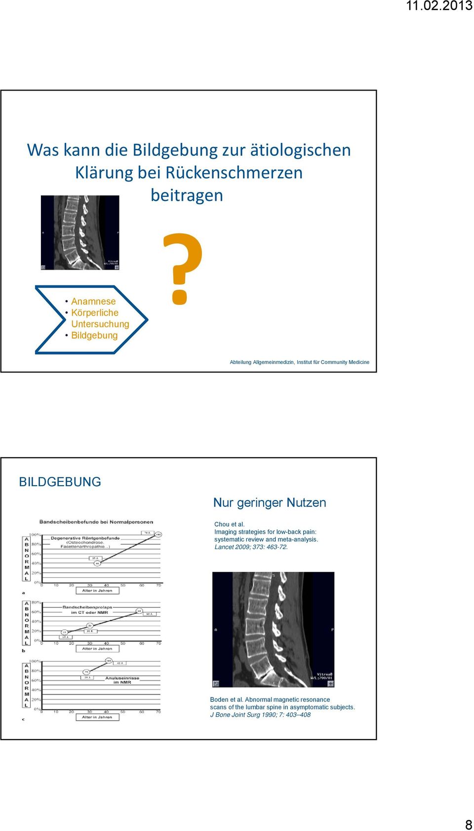 Imaging strategies for low-back pain: systematic review and meta-analysis. Lancet 2009; 373: 463-72.