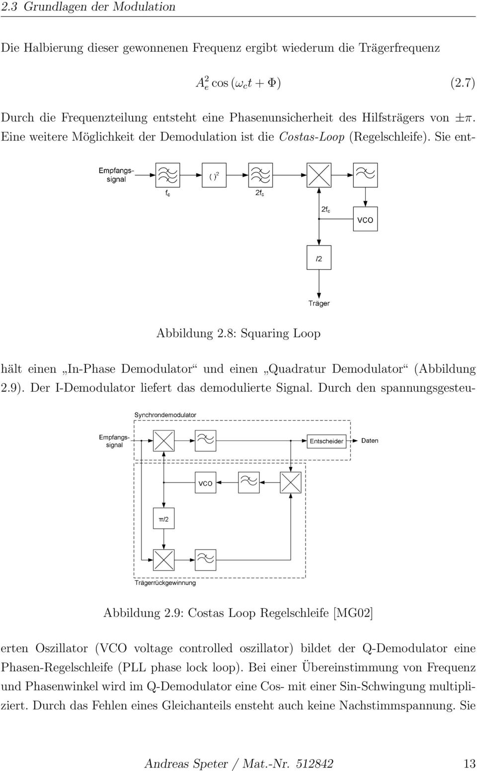 8: Squaring Loop hält einen In-Phase Demodulator und einen Quadratur Demodulator (Abbildung 2.9). Der I-Demodulator liefert das demodulierte Signal. Durch den spannungsgesteu- Abbildung 2.