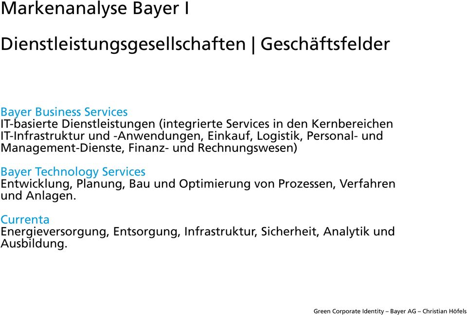 Personal- und Management-Dienste, Finanz- und Rechnungswesen) Bayer Technology Services Entwicklung, Planung, Bau und
