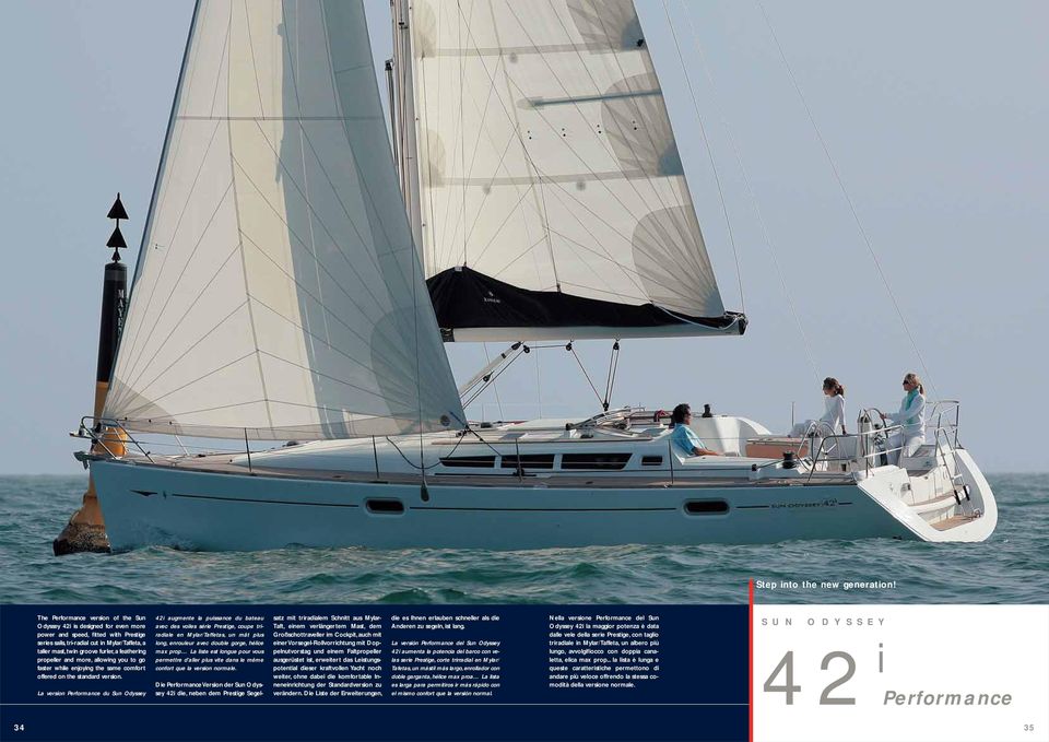 La version Performance du Sun Odyssey 42i augmente la puissance du bateau avec des voiles série Prestige, coupe triradiale en Mylar/Taffetas, un mât plus long, enrouleur avec double gorge, hélice max