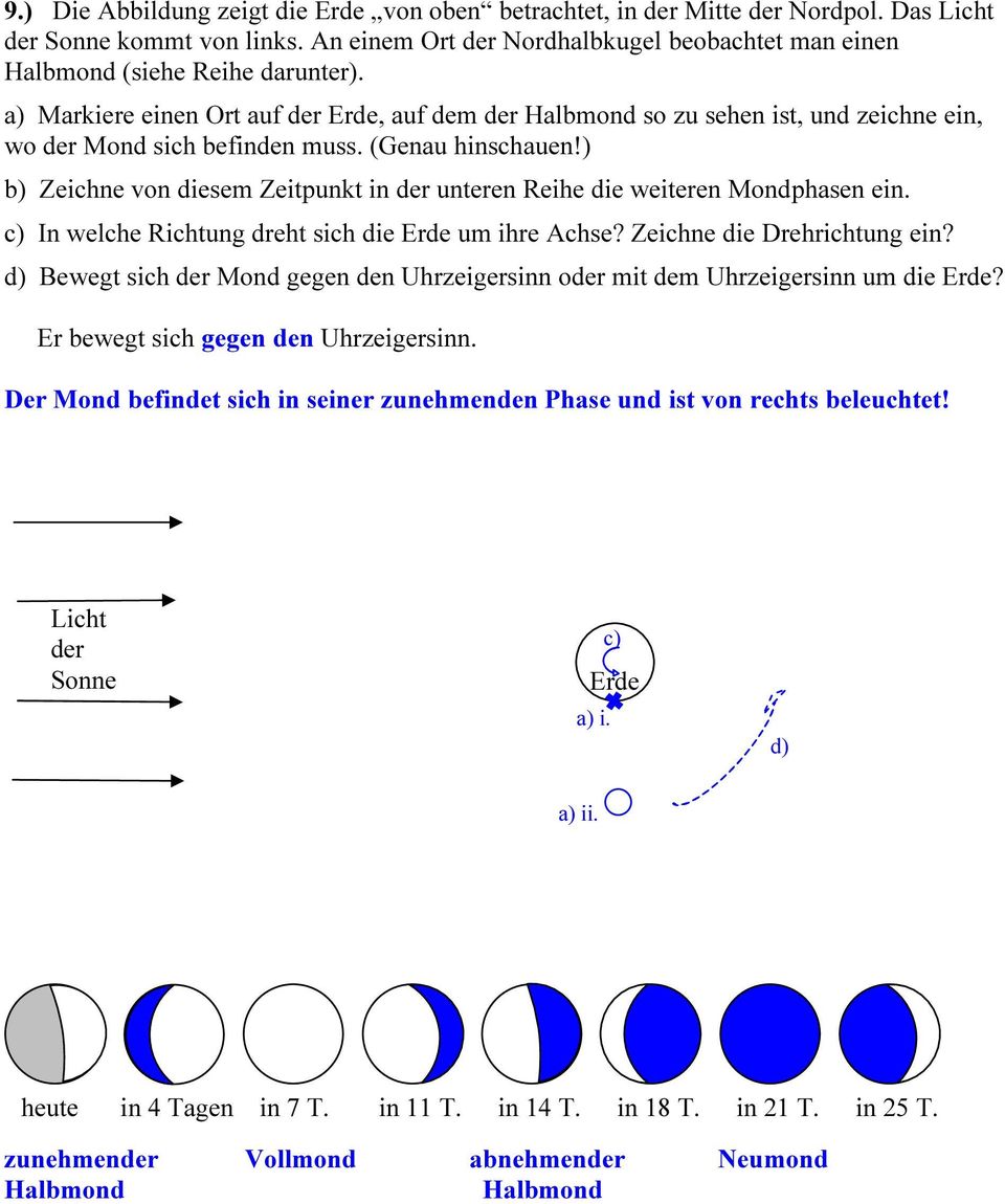 a) Markiere einen Ort auf der Erde, auf dem der Halbmond so zu sehen ist, und zeichne ein, wo der Mond sich befinden muss. (Genau hinschauen!