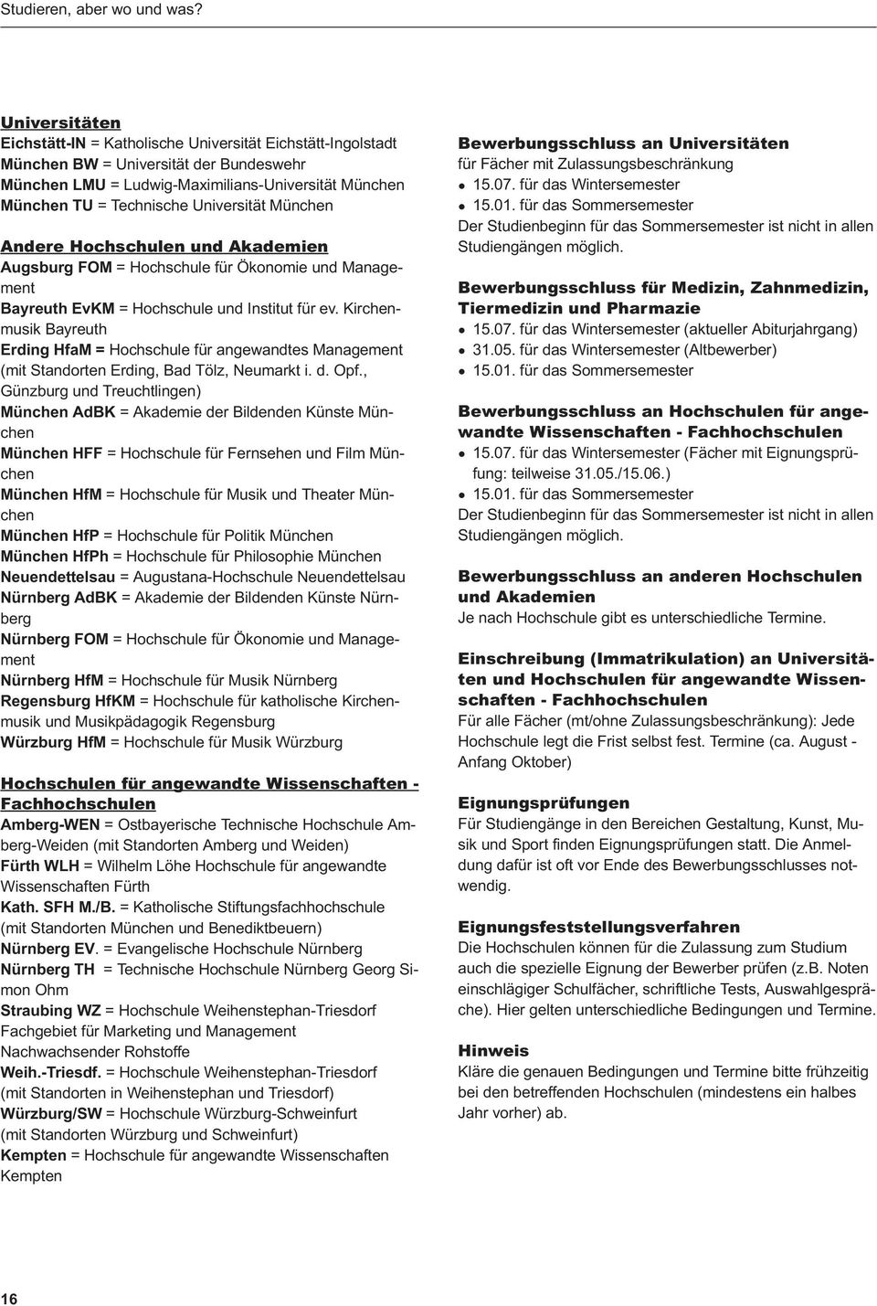 Universität München Andere Hochschulen und Akademien Augsburg FOM = Hochschule für Ökonomie und Management Bayreuth EvKM = Hochschule und Institut für ev.
