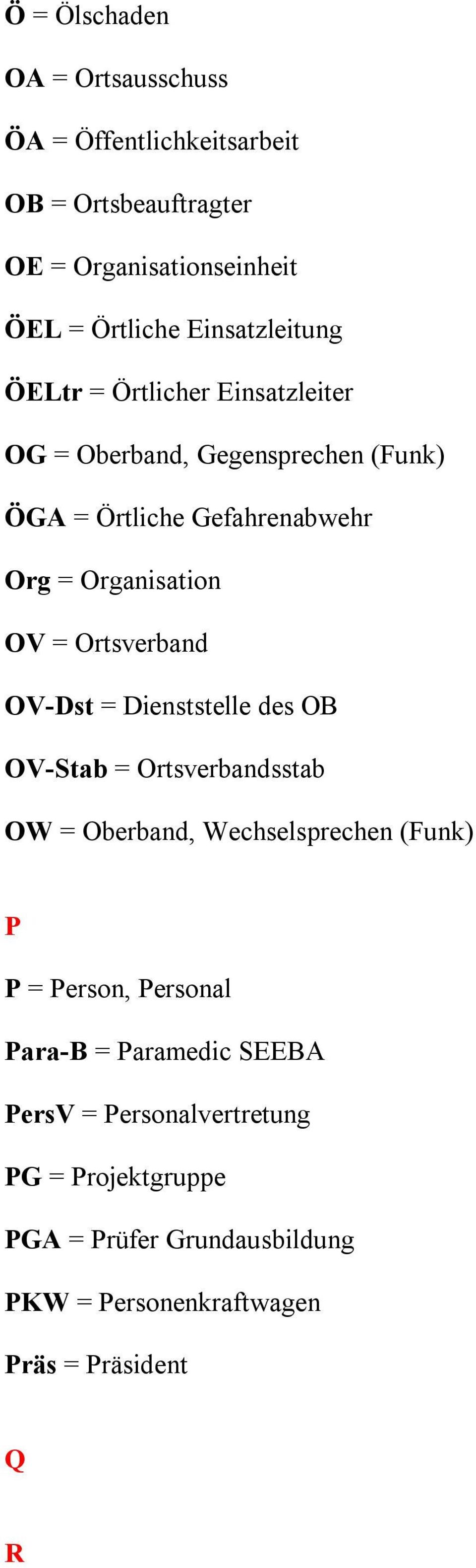 OV = Ortsverband OV-Dst = Dienststelle des OB OV-Stab = Ortsverbandsstab OW = Oberband, Wechselsprechen (Funk) P P = Person, Personal