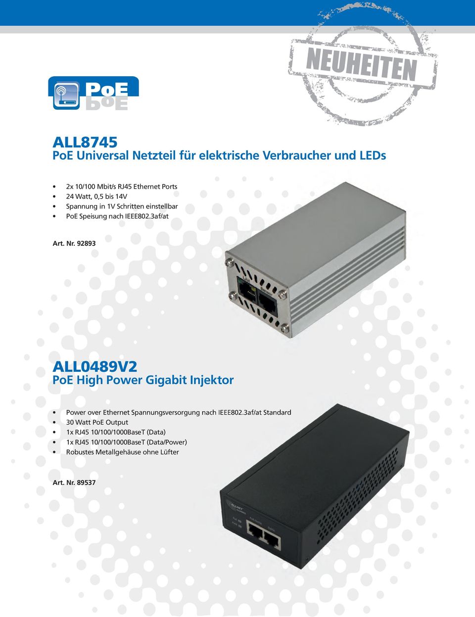 92893 ALL0489V2 PoE High Power Gigabit Injektor Power over Ethernet Spannungsversorgung nach IEEE802.