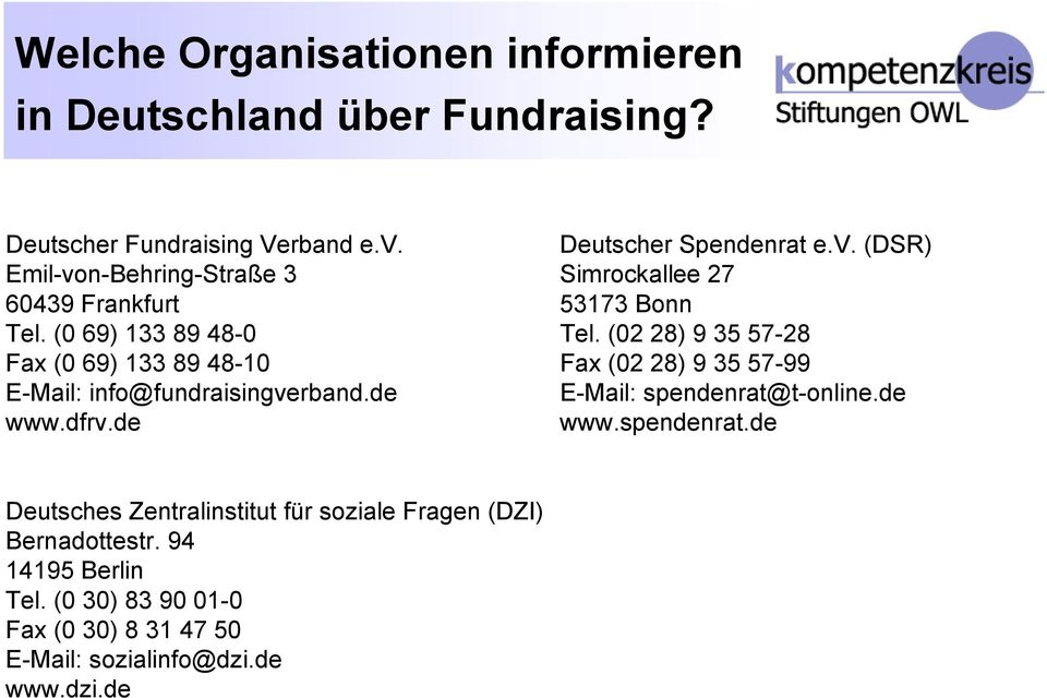 (02 28) 9 35 57-28 Fax (0 69) 133 89 48-10 Fax (02 28) 9 35 57-99 E-Mail: info@fundraisingverband.de E-Mail: spendenrat@t-online.de www.