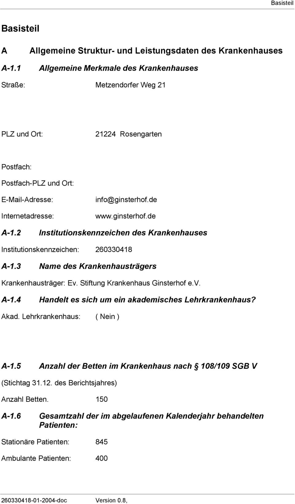 E-Mail-Adresse: Internetadresse: info@ginsterhof.de www.ginsterhof.de A-1.2 Institutionskennzeichen des Krankenhauses Institutionskennzeichen: 260330418 A-1.