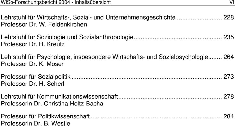 .. 273 Professor Dr. H. Scherl Lehrstuhl für Kommunikationswissenschaft... 278 Professorin Dr.