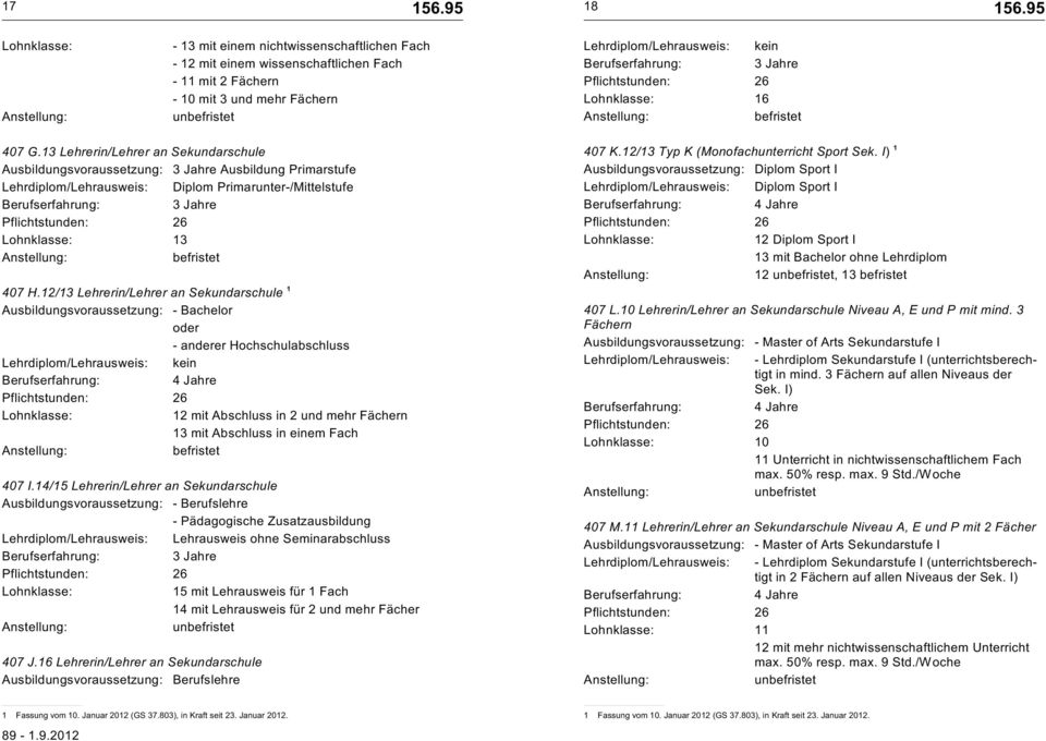 12/13 Lehrerin/Lehrer an Sekarschule 1 Ausbildungsvoraussetzung: - Bachelor - anderer Hochschulabschluss 12 mit Abschluss in 2 mehr Fächern 13 mit Abschluss in einem Fach 407 I.