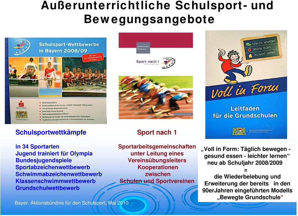 Aktionsbündnis für den Schulsport, Mai 2010 Sportarbeitsgemeinschaften unter Leitung eines Vereinsübungsleiters Kooperationen zwischen Schulen und