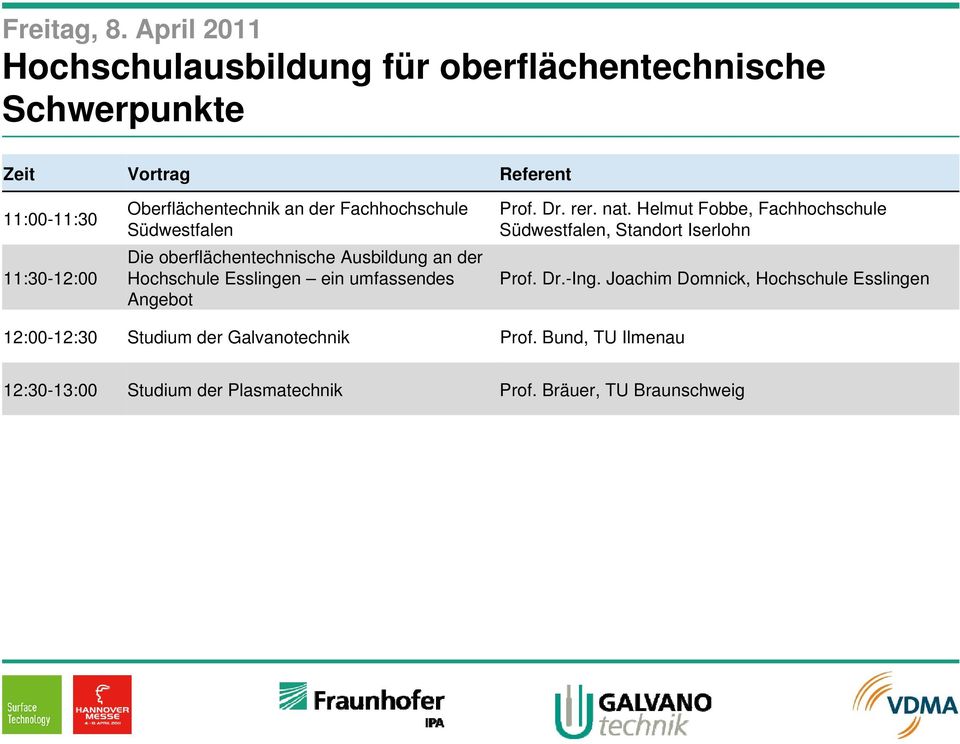 Fachhochschule Südwestfalen Die oberflächentechnische Ausbildung an der Hochschule Esslingen ein umfassendes Angebot Prof. Dr.