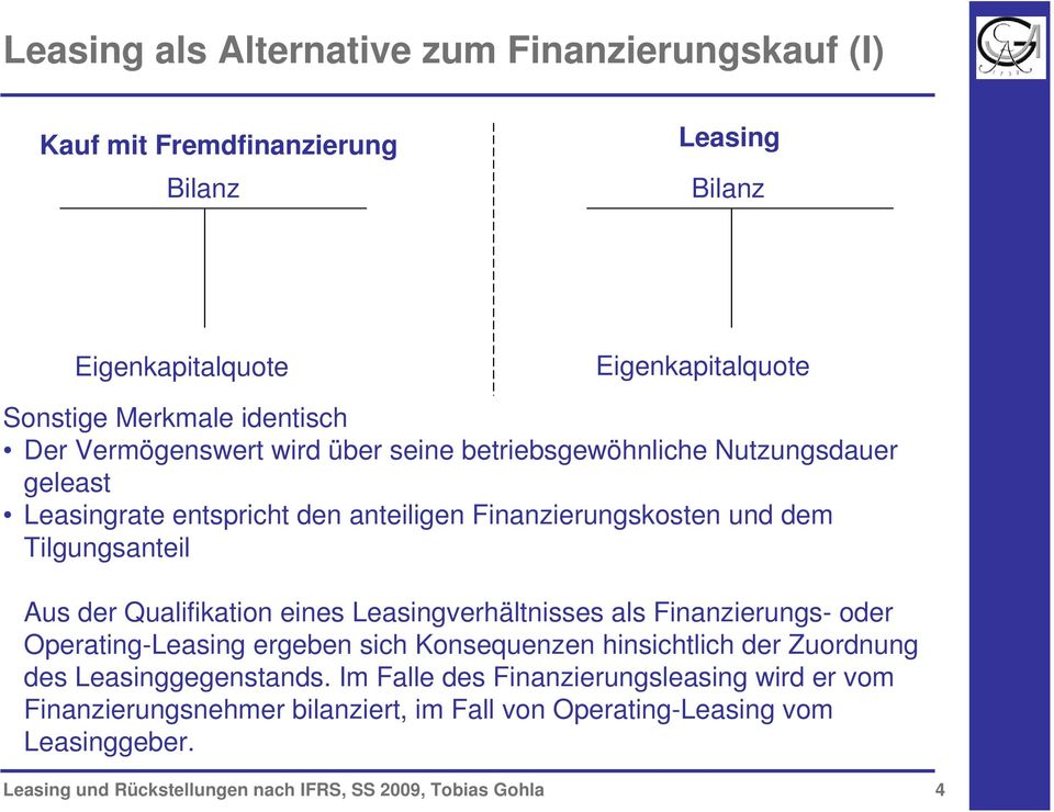 Qualifikation eines Leasingverhältnisses als Finanzierungs- oder Operating-Leasing ergeben sich Konsequenzen hinsichtlich der Zuordnung des Leasinggegenstands.