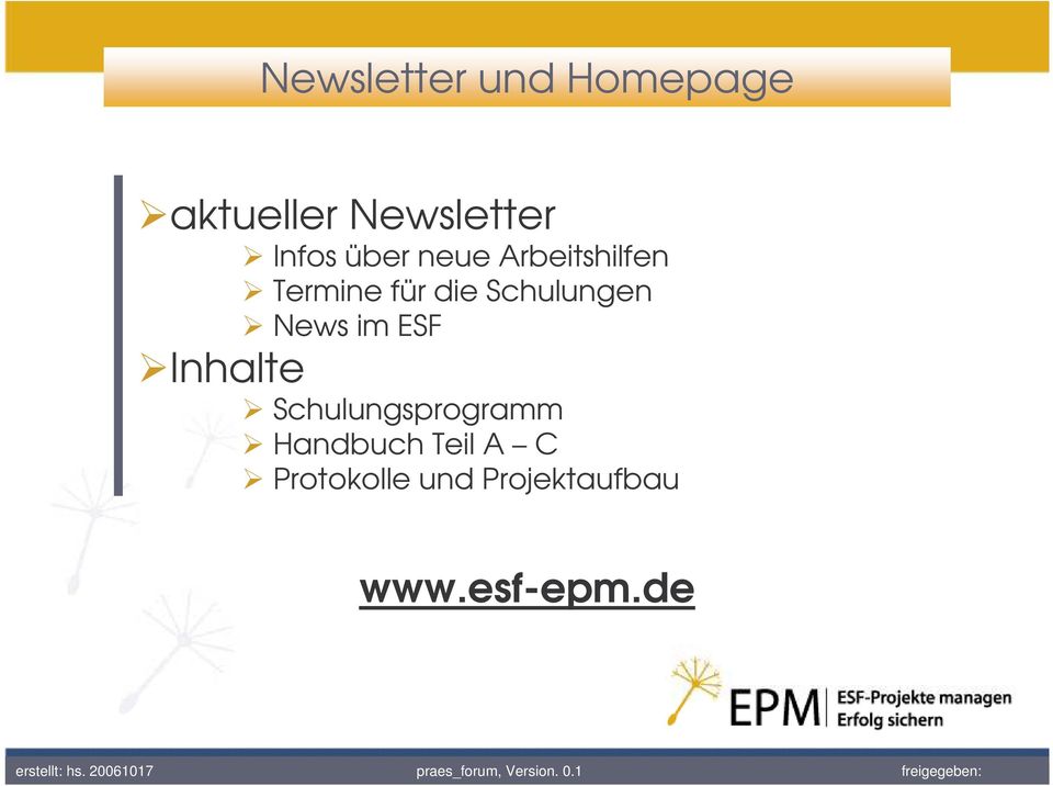 News im ESF Inhalte Schulungsprogramm Handbuch