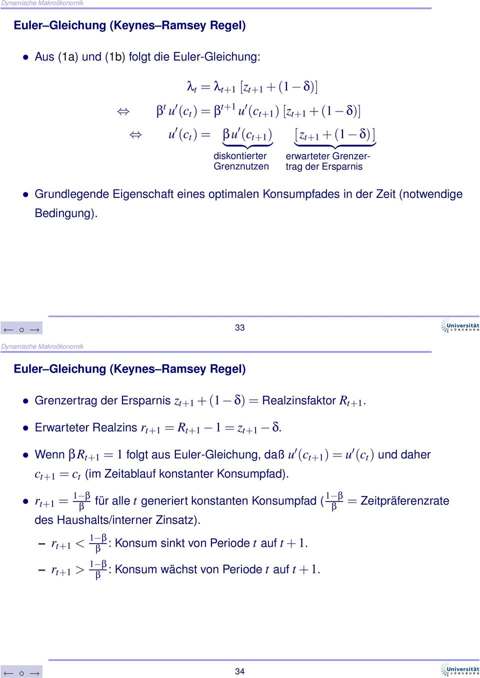 33 Euler Gleichung (Keynes Ramsey Regel) Grenzertrag der Ersparnis z t+1 +(1 δ) = Realzinsfaktor R t+1. Erwarteter Realzins r t+1 = R t+1 1 = z t+1 δ.