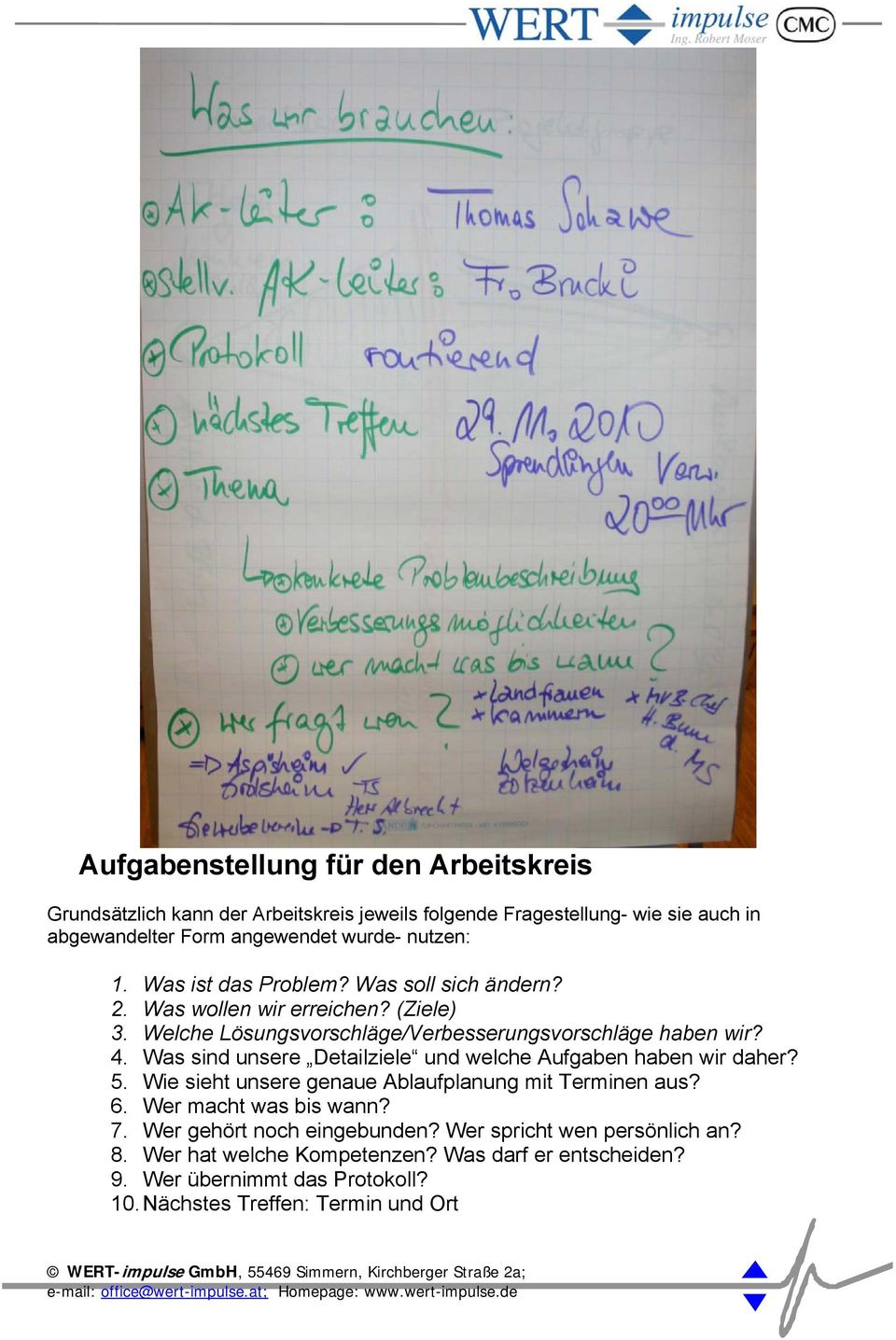 Was sind unsere Detailziele und welche Aufgaben haben wir daher? 5. Wie sieht unsere genaue Ablaufplanung mit Terminen aus? 6. Wer macht was bis wann? 7.