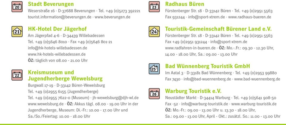 00 Uhr Kreismuseum und Jugendherberge Wewelsburg Burgwall 17-19 D-33142 Büren-Wewelsburg Tel. +49 (0)2955 6155 (Jugendherberge) Tel. +49 (0)2955 7622-0 (Museum) jh-wewelsburg@djh-wl.de www.wewelsburg.de ÖZ: Akkus tägl.