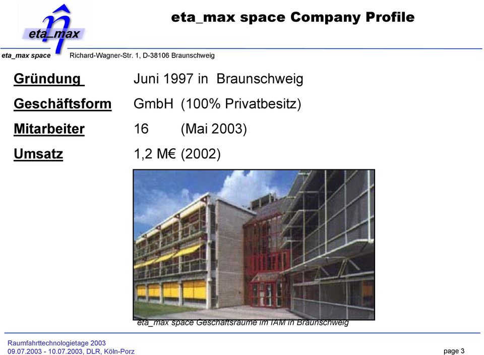 (Mai 2003) Umsatz 1,2 M (2002) Geschäftsräume im IAM