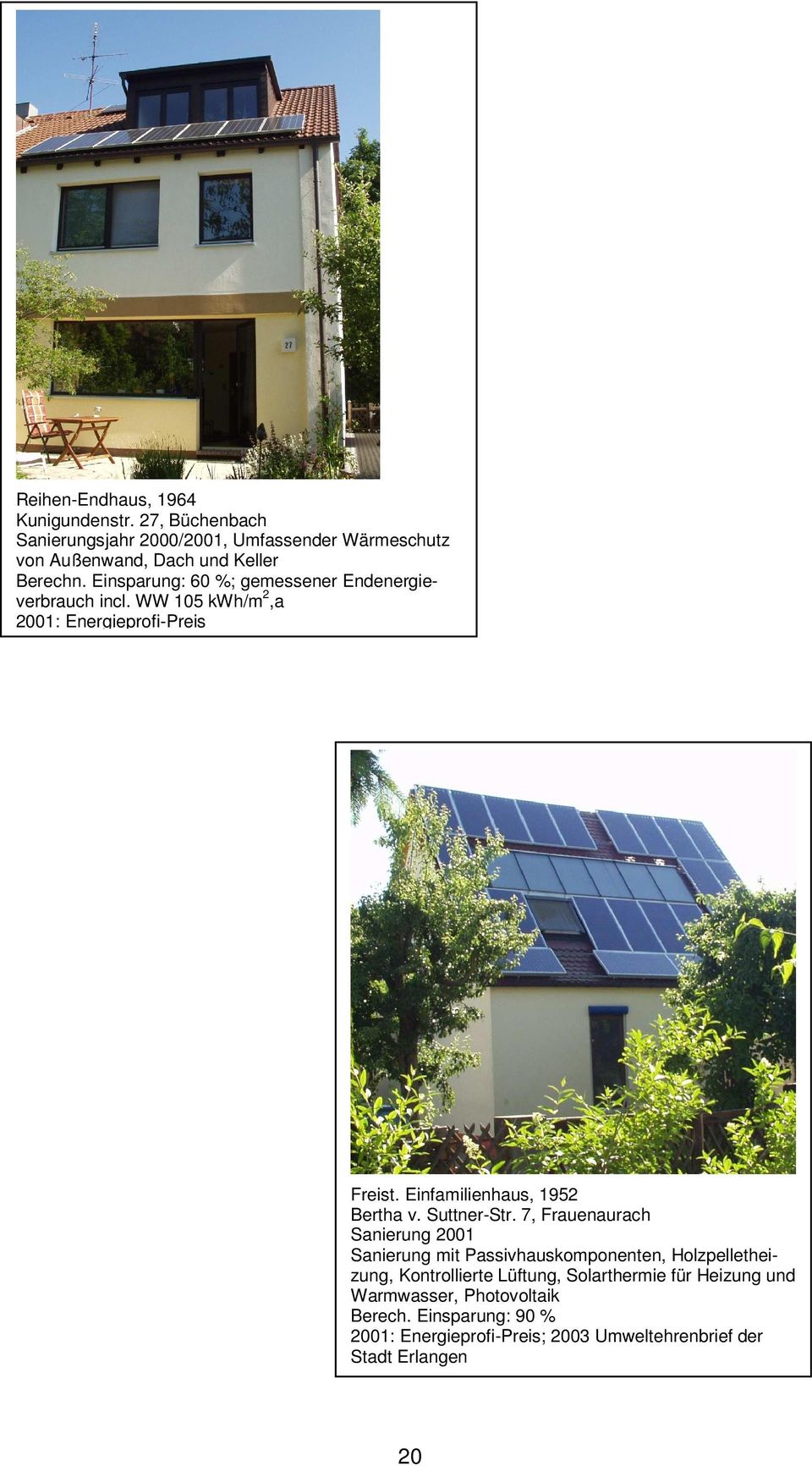 Einsparung: 60 %; gemessener Endenergieverbrauch incl. WW 105 kwh/m 2,a 2001: Energieprofi-Preis Freist. Einfamilienhaus, 1952 Bertha v.