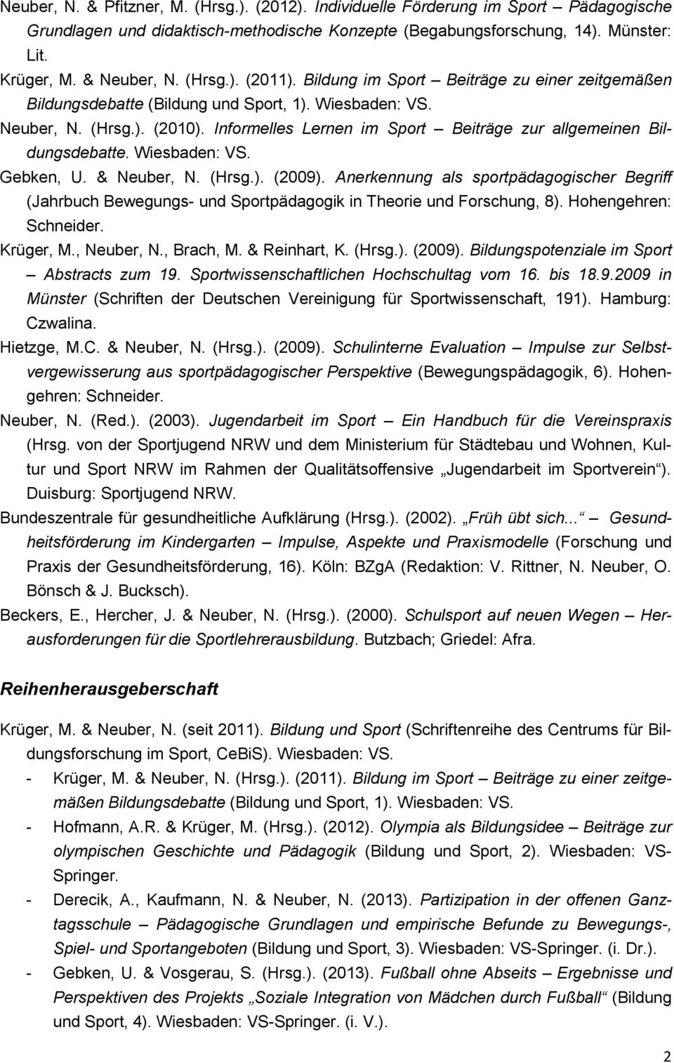Informelles Lernen im Sport Beiträge zur allgemeinen Bildungsdebatte. Wiesbaden: VS. Gebken, U. & Neuber, N. (Hrsg.). (2009).