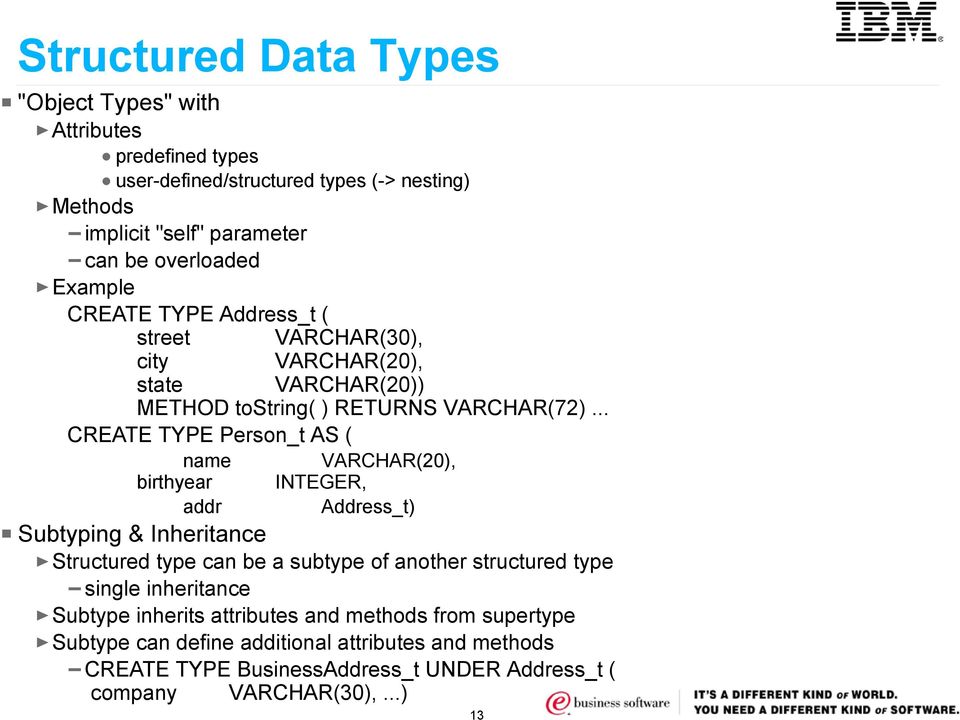 .. CREATE TYPE Person_t AS ( name birthyear addr VARCHAR(20), INTEGER, Address_t) Subtyping & Inheritance Structured type can be a subtype of another structured type