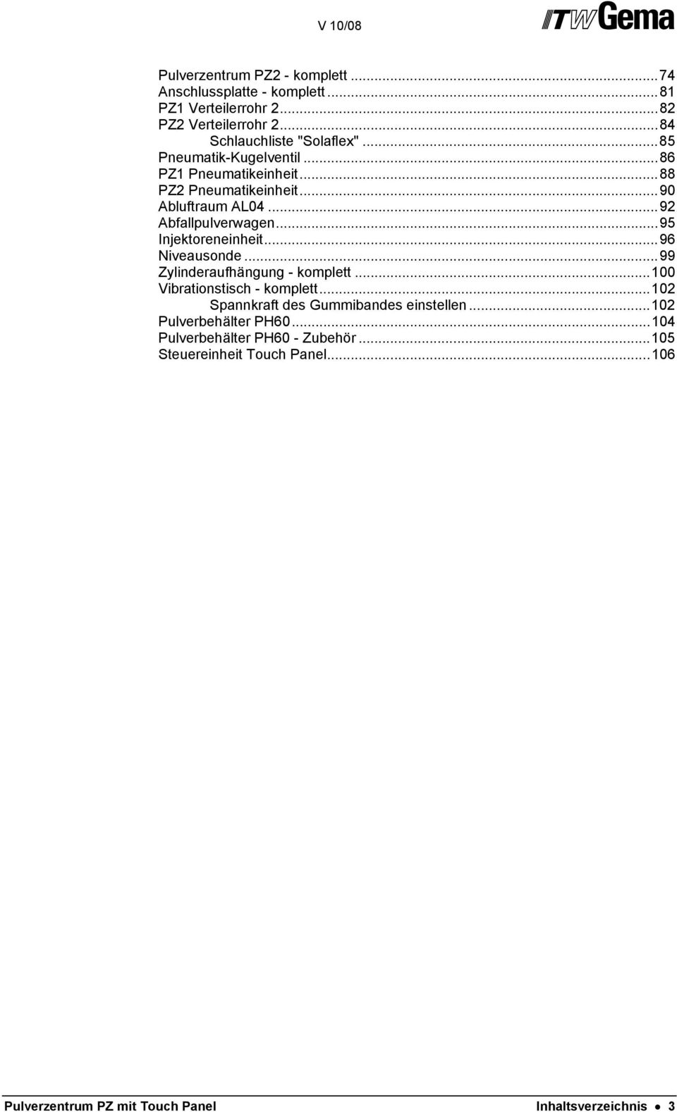 ..95 Injektoreneinheit...96 Niveausonde...99 Zylinderaufhängung - komplett...100 Vibrationstisch - komplett.