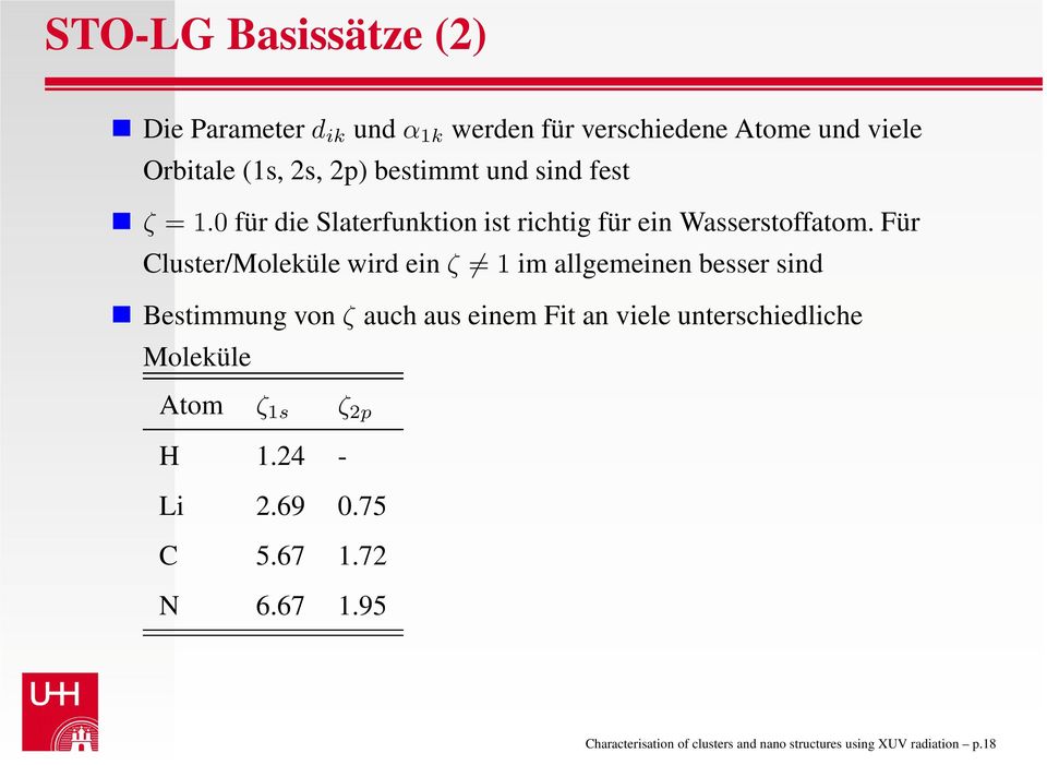 Für Cluster/Moleküle wird ein ζ 1 im allgemeinen besser sind Bestimmung von ζ auch aus einem Fit an viele