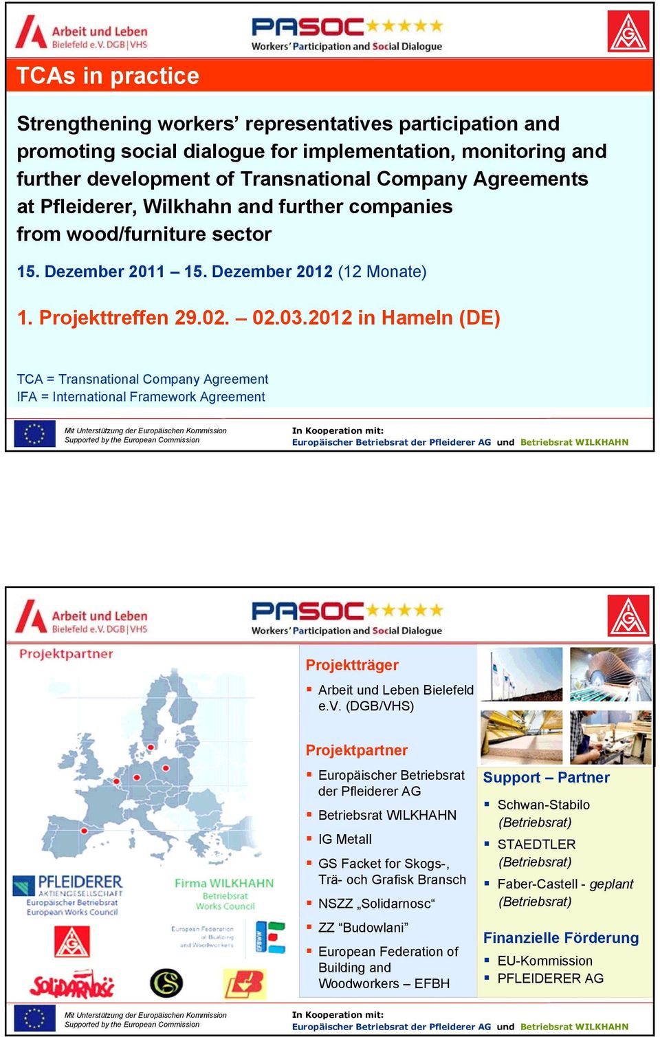 2012 in Hameln (DE) TCA = Transnational Company Agreement IFA = International Framework Agreement 1 Ziele 1. Workshop Hameln (DE) Projektträger Arbeit und Leben Bielefeld e.v.