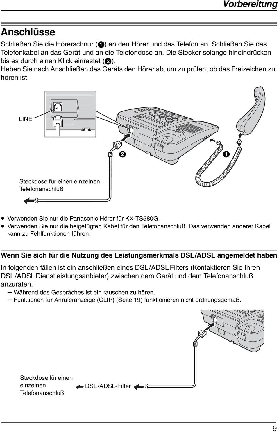 LINE 2 1 Steckdose für einen einzelnen Telefonanschluß Verwenden Sie nur die Panasonic Hörer für KX-TS580G. Verwenden Sie nur die beigefügten Kabel für den Telefonanschluß.