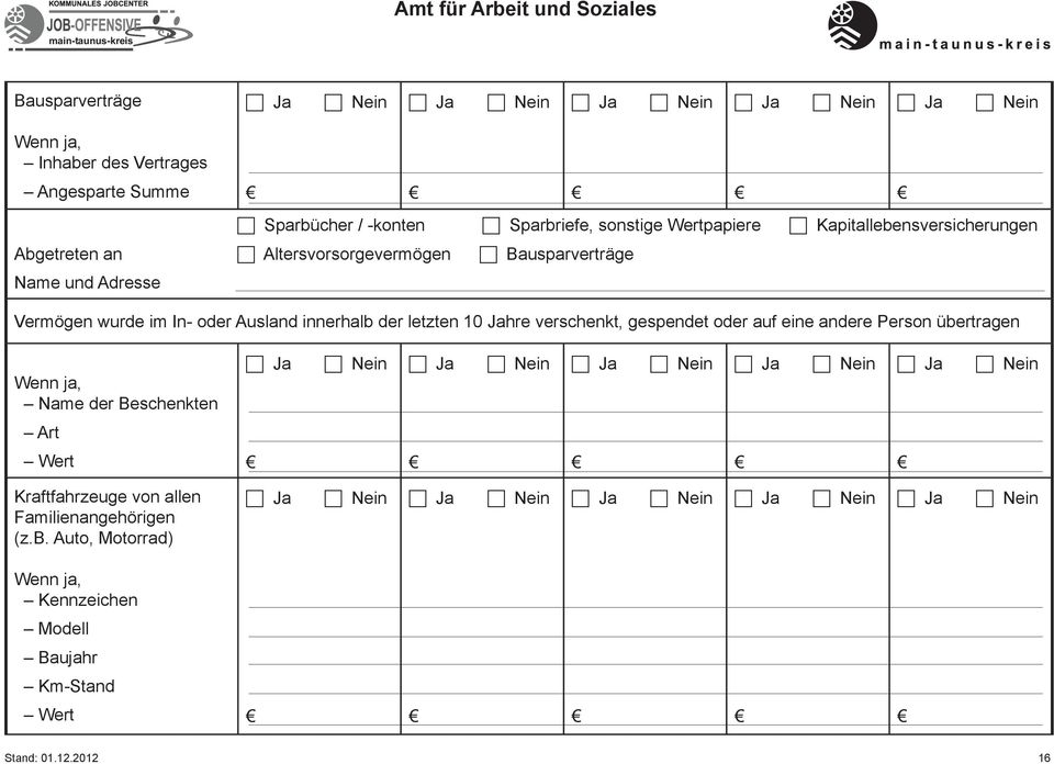 innerhalb der letzten 10 Jahre verschenkt, gespendet oder auf eine andere Person übertragen Wenn ja, Name der Beschenkten Art Wert